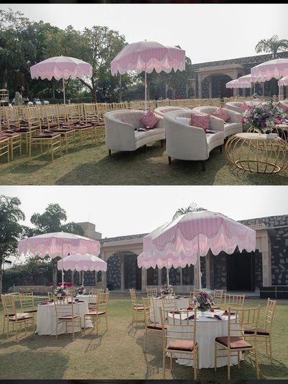 The guest seating area with whimsical pink and white umbrellas, complementing the grand floral mandap at the Ramada Udaipur wedding.