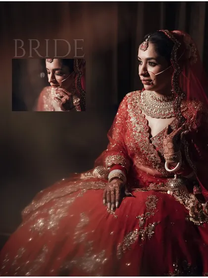A composed bridal portrait of Anshika, showcasing her full lehenga and a close-up inset, providing a complete look at her bridal style.