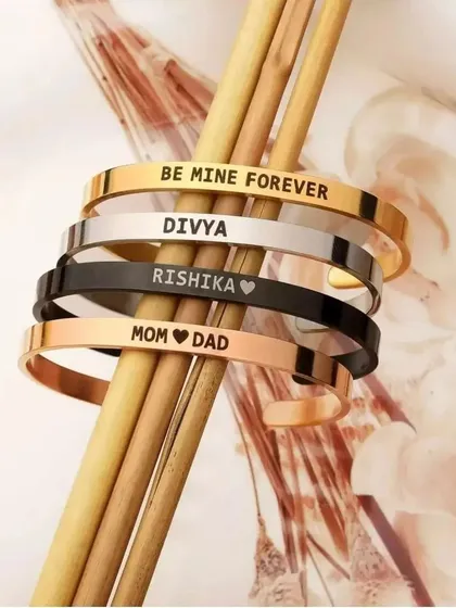 A complete look at the four available finishes for my cuff bracelets: Gold, Silver, Black, and Rose Gold. Each one is shown with a different custom engraving to spark your imagination.