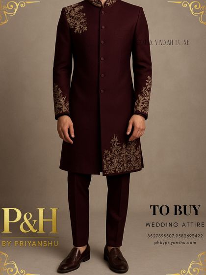 This angle showcases the complete ensemble, including the tailored trousers and how the jacket's embroidery creates a sense of movement and artistry.