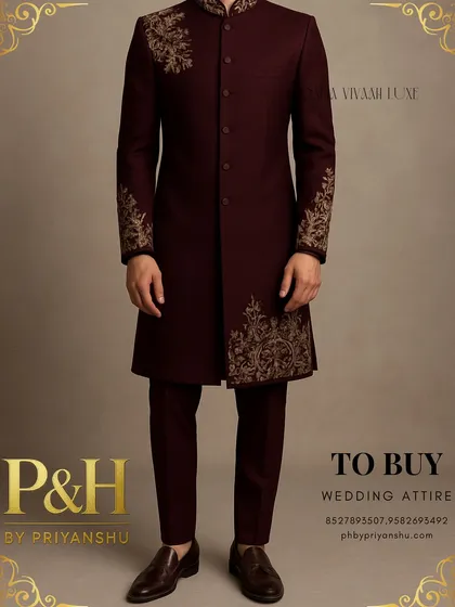 This angle showcases the complete ensemble, including the tailored trousers and how the jacket's embroidery creates a sense of movement and artistry.