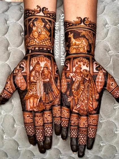 I specialize in detailed figurative work, including divine portraits like Ganesha, Shiva-Parvati, and Radha-Krishna, to add a sacred and personal touch to your bridal mehandi.