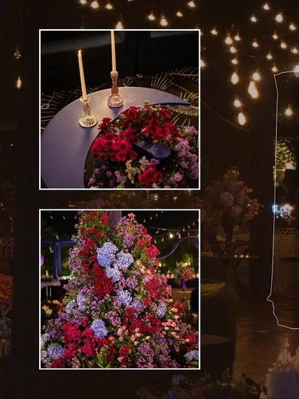 A collage showcasing the key elements of the cosmic theme: the moon table, the massive floral arrangements, and the overall starry night atmosphere created by the lighting.