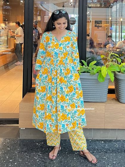 Starting Navratri with a splash of sunshine. This yellow floral printed kurta set is a comfortable and vibrant choice to celebrate joy and new beginnings.