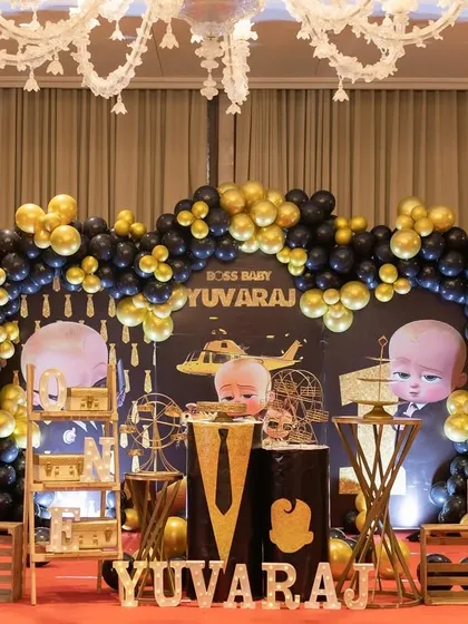 A Boss Baby theme is all about sharp, fun details. I designed this complete setup with a custom black and gold backdrop, themed cake tables, and character cutouts, creating a stylish party for a little boss.