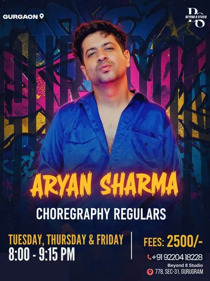 Step up your dance journey with our choreography regulars. This poster details Aryan Sharma's weekday evening classes, designed to help you master new routines.