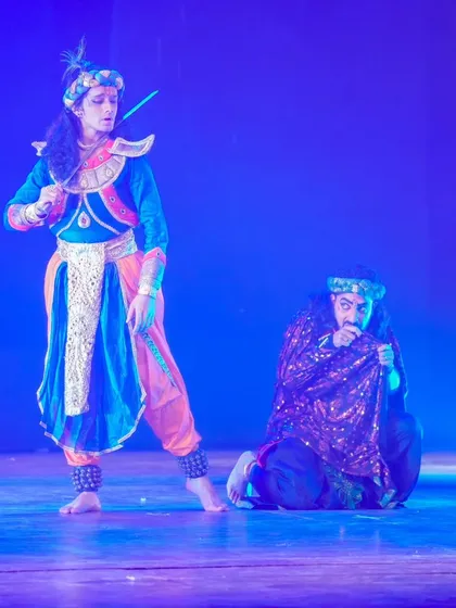 Portraying the dynamic between Krishna and the cunning Shakuni required careful choreographic choices. Here, the contrast in their postures and expressions tells a story of dharma versus adharma, a central theme of the production.
