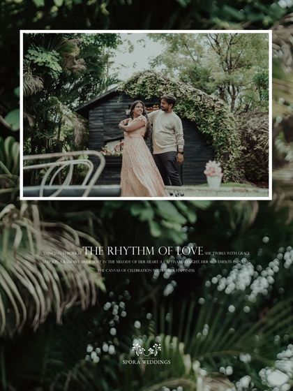 An artistic portrait of the couple, framed by lush greenery, celebrating "The Rhythm of Love."