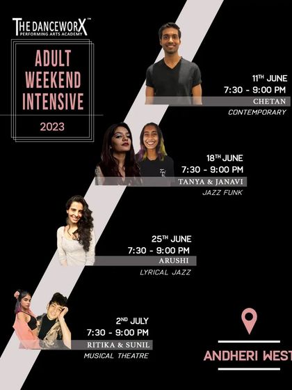 The schedule for our Adult Weekend Intensive in Andheri West, offering a variety of styles from Contemporary to Musical Theatre.