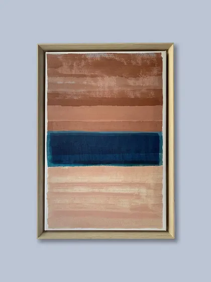 This abstract piece, with its earthy tones and bold slash of blue, is printed on canvas and mounted in a custom floater frame. The frame provides a subtle, elegant border that makes the artwork appear to levitate.