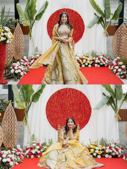 Two portraits of the bride at her Haldi ceremony. She stands and sits before a vibrant, modern backdrop, showcasing her beautiful yellow lehenga and the event's decor.