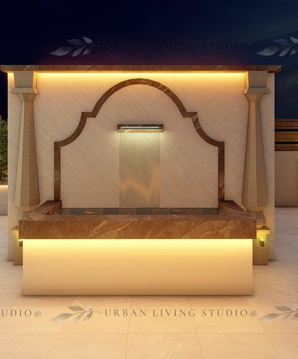 This render showcases a custom water feature with a marble finish, designed to complement the neo-classical theme of the Gurgaon project.