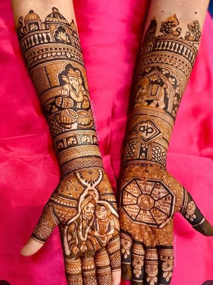 A unique design featuring a couple's portrait on one palm and a saptapadi (seven steps) diagram on the other, symbolizing the wedding vows.