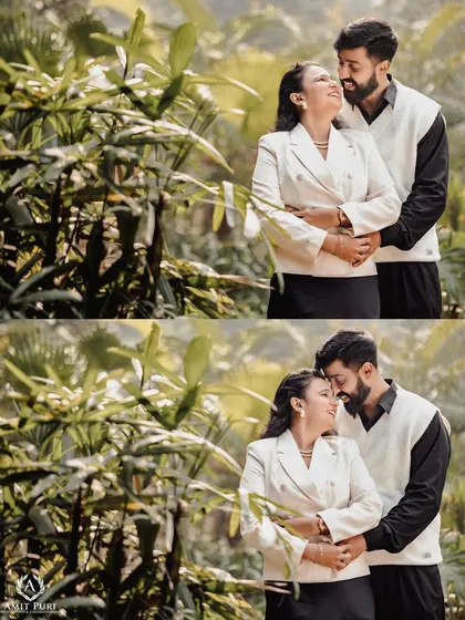 A collage of loving embraces amidst lush greenery. These photos capture the couple's warmth and affection, with the natural background adding to the romantic and peaceful atmosphere.