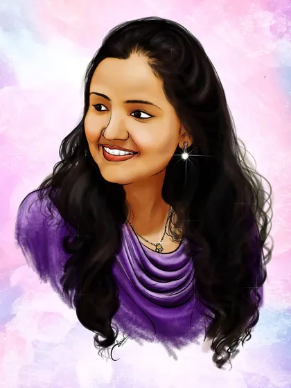 A lovely digital portrait with a soft pink and purple background. This style is great for profile pictures or as a special gift for someone you care about.