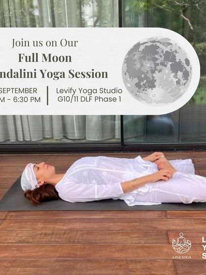 An announcement for a Full Moon session at Levifly Yoga Studio, featuring an image of a restorative posture. These sessions are designed to help you harness lunar energy.