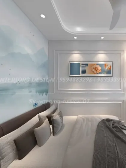 This serene bedroom features a beautiful landscape mural as a headboard. The design creates a calming escape, complemented by simple, modern furniture.