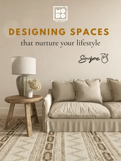 This image introduces our philosophy of designing spaces that nurture your lifestyle. The comfortable sofa and soft lighting create a welcoming atmosphere that feels like home.