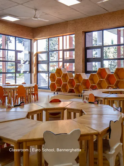 This classroom at Euro School, Bannerghatta, features hexagonal tables that can be reconfigured for group activities. The honeycomb-shaped storage units and large windows create a bright, adaptable, and nature-inspired learning environment.