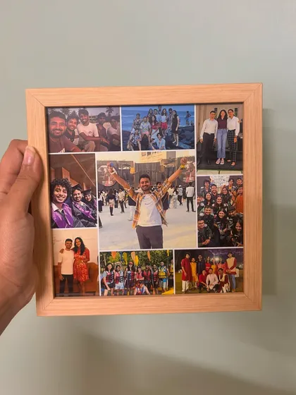 This wooden frame holds a collage of happy moments, celebrating friendship and good times. I carefully arrange your photos to create a balanced and beautiful keepsake that tells a personal story.