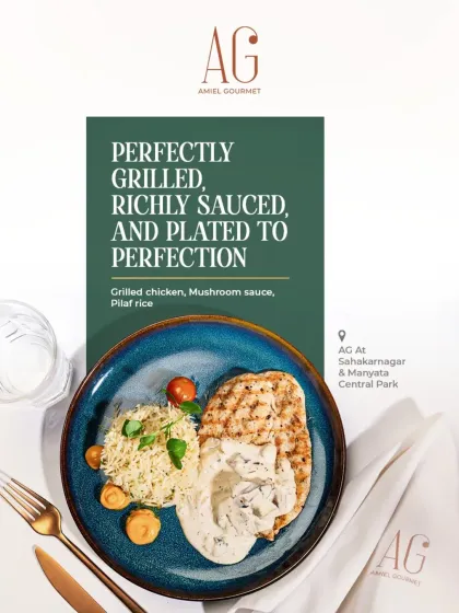 A plate full of satisfaction. This dish features tender grilled chicken served with a creamy, earthy mushroom sauce and fragrant pilaf rice. It's a comforting and delicious meal for any occasion.