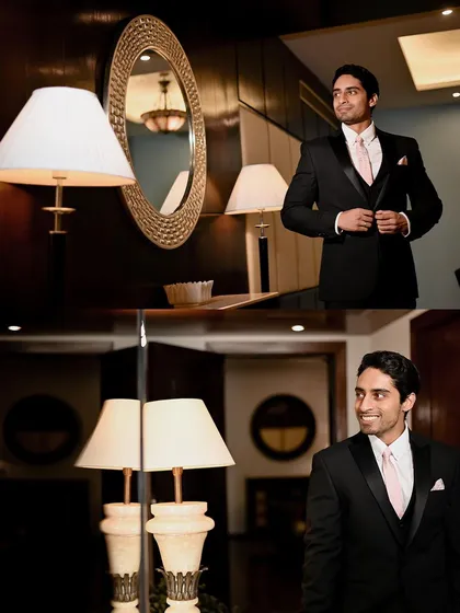 A collage of the groom getting ready, showing his expressions in the mirror. It captures the moments of reflection and anticipation before the main ceremony.