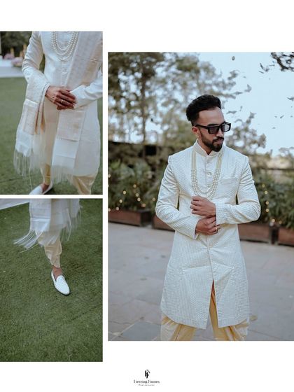 A collage showcasing the groom's elegant white sherwani and his stylish poses.