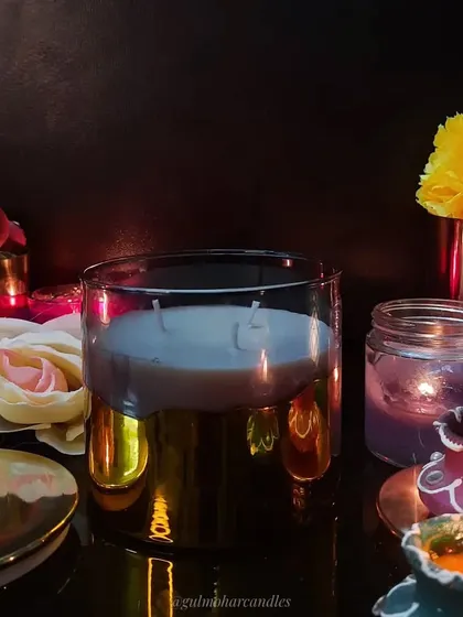 A beautiful festive setup featuring our luxury 3-wick candle. Soy wax is non-toxic, burns longer, and is a natural, renewable resource.