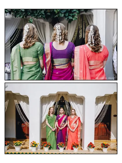 Embracing Indian traditions at a destination wedding in Lucknow. The bridesmaids, dressed in beautiful, colorful sarees with traditional gajras in their hair, add a touch of elegance and cultural richness to the celebration.
