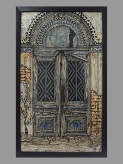 "THE DANCING KALEIDOSCOPE," a 20x12 inch piece combining acrylics and textures on paper. This rustic door incorporates elements of Saura art, blending different traditions into one unique artwork.