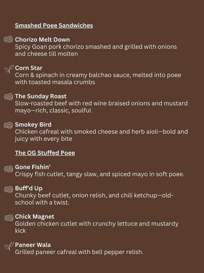 The full menu for the Poee Sandwich Shop, detailing both the Smashed and Stuffed Poee options, from Chorizo Melt Down to Paneer Wala.