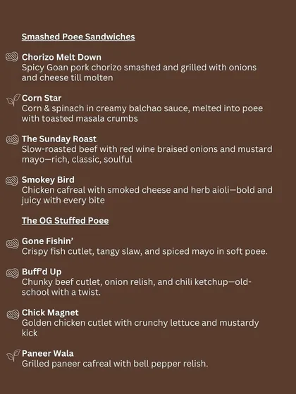 The full menu for the Poee Sandwich Shop, detailing both the Smashed and Stuffed Poee options, from Chorizo Melt Down to Paneer Wala.