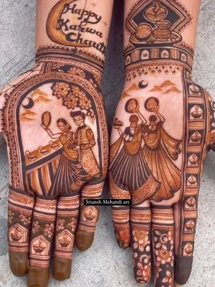Celebrating Karwa Chauth with art that tells your story. This design combines a classic couple portrait with a scene of friends celebrating together, all under a 'Happy Karwa Chauth' blessing. It shows the complete emotion of the festival.