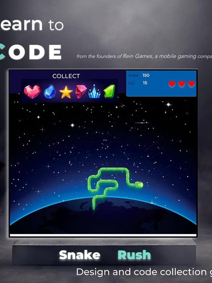 Learn to code a "Snake Rush" collection game. This project teaches students the magic of programming as they make their snake slither, grow, and conquer challenges.