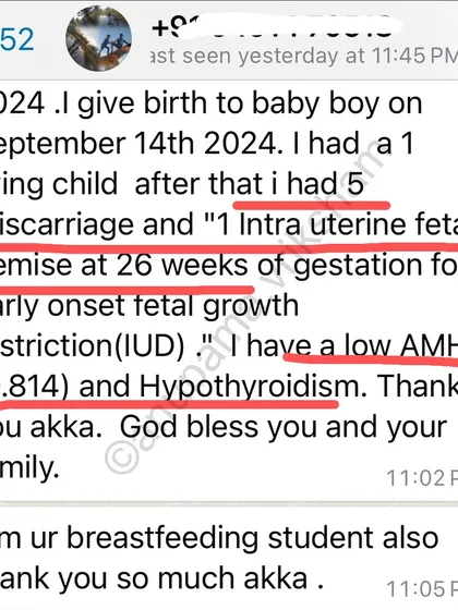 After five miscarriages and a diagnosis of low AMH and hypothyroidism, this mother attended my webinars and conceived naturally. Her story is a powerful testament to believing in your body's ability to heal and create life.