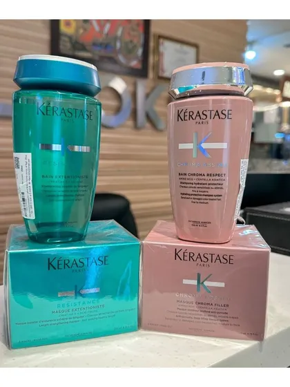 A shot of Kérastase products available at our salon. We offer professional consultations to help you find the perfect regimen for your hair type.