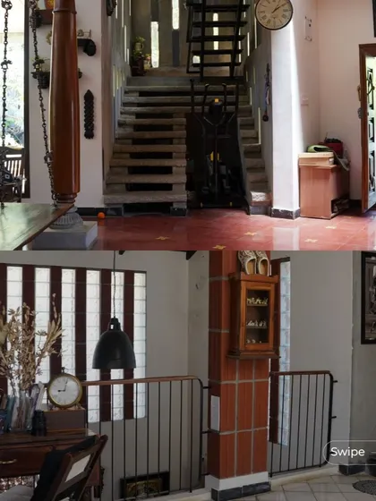 A collage showing the indoor swing and a view of the mezzanine level with its antique-style desk, showcasing the home's multi-level design and blend of traditional furniture.