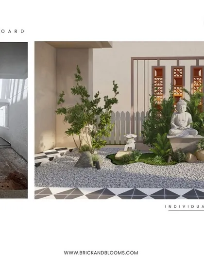 This before-and-after concept shows how we can transform a narrow, unused side passage into a peaceful Zen garden. The design uses white gravel, stepping stones, and a Buddha statue to create a focal point.