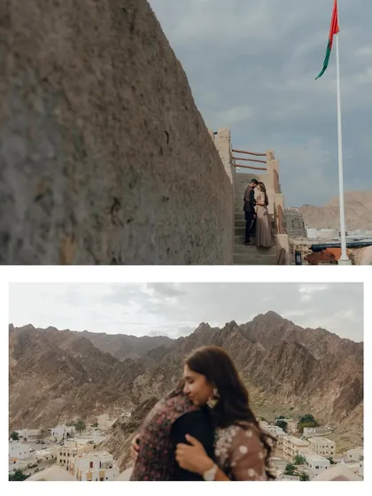 A collage showing two perspectives of a pre-wedding shoot in Muscat. One shot captures the couple on the steps of a fort with the Omani flag, while the other is an intimate embrace overlooking the mountainous terrain.