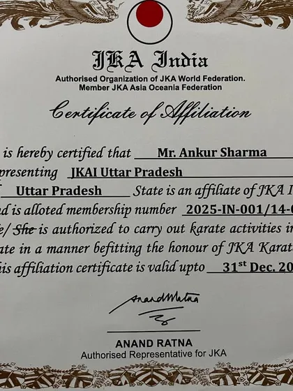 My academy is an officially recognized and affiliated member of the Japan Karate Association in India. This certificate is a guarantee that the training, grading, and instruction you receive here adhere to the highest international standards set by JKA World Federation.