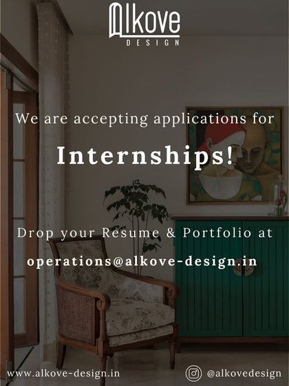 Alkove Design in Pune is accepting applications for internships, presented with a stylish interior shot.