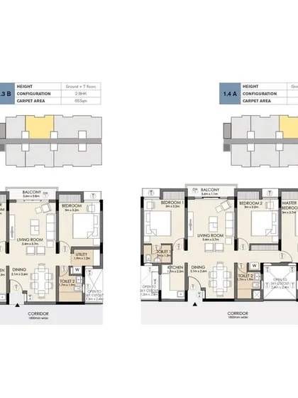 More examples of floor plans from the catalogue, showing different configurations for 2BHK and 3BHK apartments. This work is available to the public through the web tool econiwas.com.
