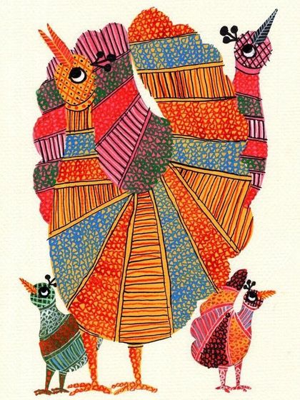 An example of the vibrant and imaginative Gond art style taught in our workshops. You will learn how to create the distinctive patterns and lively figures that make this tribal art form so unique.