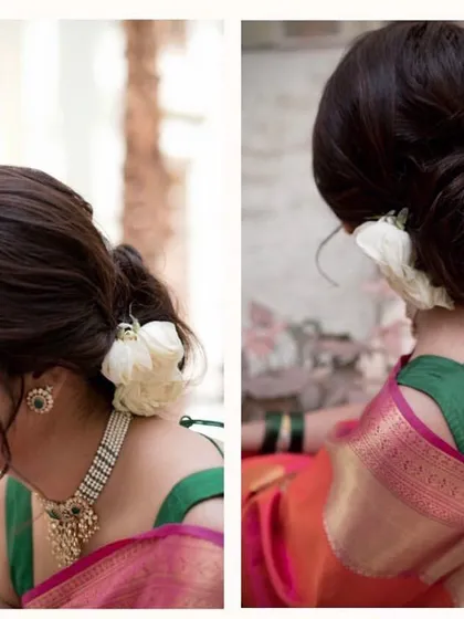 A classic and elegant low bun, styled with a large, beautiful white rose. This timeless hairstyle is perfect for a reception or a minimalist bride, offering a look of pure sophistication.