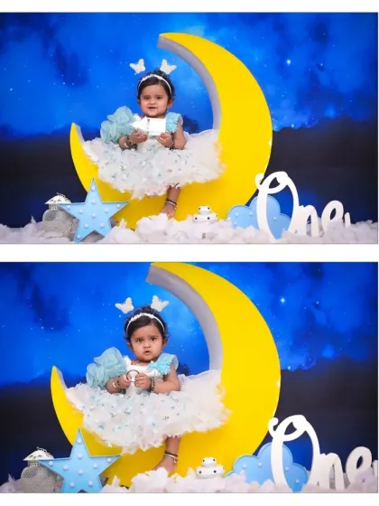 A two-photo collage from a "One" year old's moon-themed birthday shoot. The setup includes a large moon prop, stars, and clouds, creating a perfect dreamy atmosphere for the celebration.