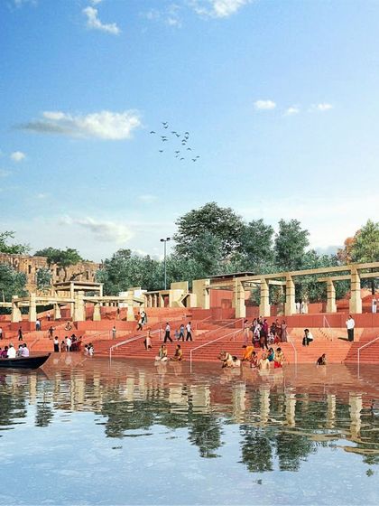 This rendering imagines a revitalized riverfront along the Ganges. The design incorporates shaded pavilions and multi-level steps, inspired by traditional ghats, to create a resilient and inclusive public realm that respects the river's cultural significance.