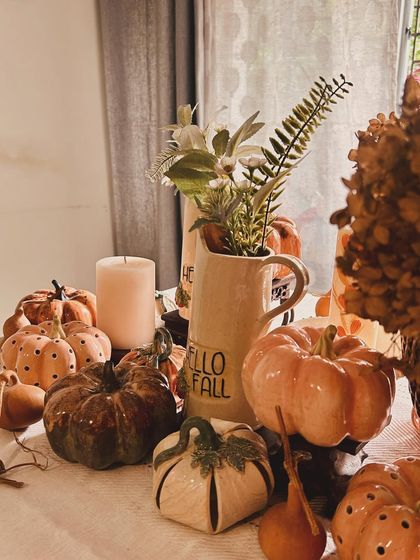 The details of my Fall Collection, from the hand-painted "Hello Fall" pitchers to the variety of shapes and glazes on the ceramic pumpkins.