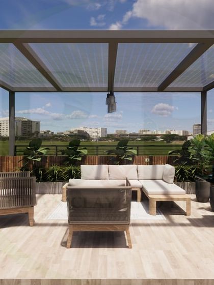 A frontal view of a 3D rendered terrace lounge. This design highlights the combination of a wooden deck, modern furniture, and a sleek pergola, ideal for creating a sophisticated outdoor entertainment zone.