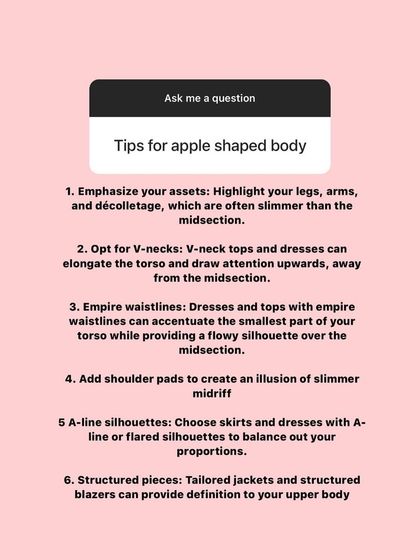 A quick Q&A card with my top tips for an apple-shaped body, including emphasizing assets, opting for V-necks, and using structured pieces.