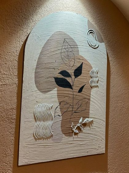 Another arched panel for the Seezen cafe in Kanpur. This piece combines a painted background with 3D textured elements and fine line drawings of botanicals.